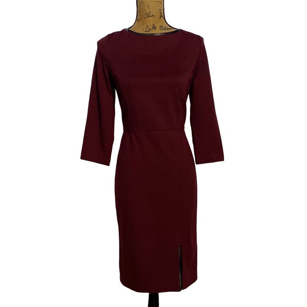 Talbots Dress 6 Dark Burgundy Black Faux Leather Trim Front Slit Casual‎ Career